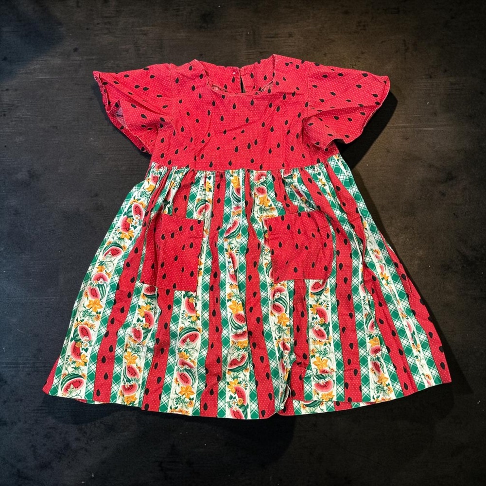 Handmade Girls Watermelon Print Flutter Sleeve Pocket Dress Red Green Picnic 2T